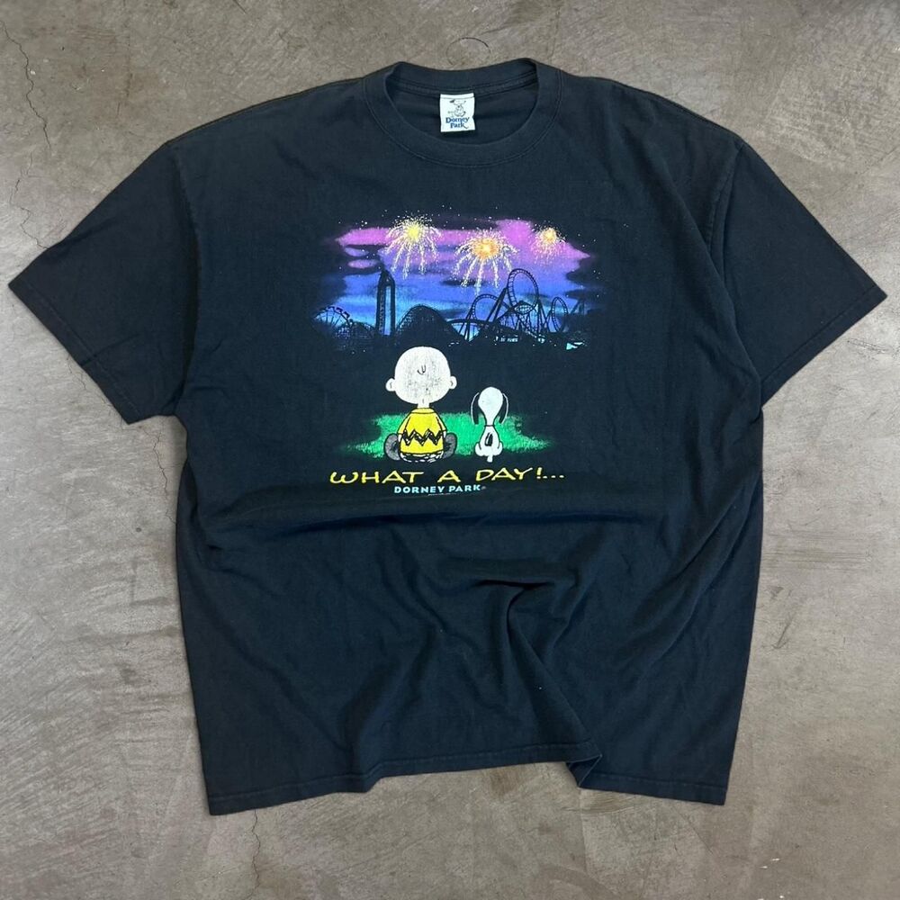 Vintage 90s Black Peanuts Snoopy Charlie Brown What a Day t-shirt